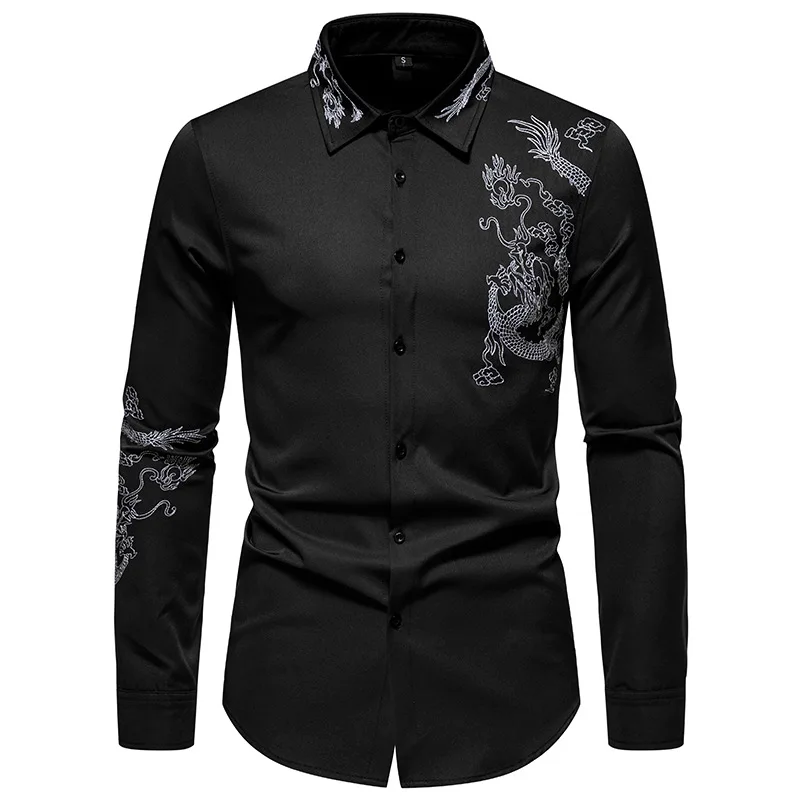 

Mens Black Chinese Dragon Eembroidery Dress Shirts Stylish Slim Fit Long Sleeve Button Down Tuxedo Shirt Men Party Prom Clothing