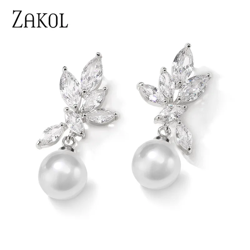 

ZAKOL Korea Classic Imitation Pearls Drop Earrings for Women Fashion Cubic Zirconia Leaf Dangle Earring Bridal Wedding Jewelry