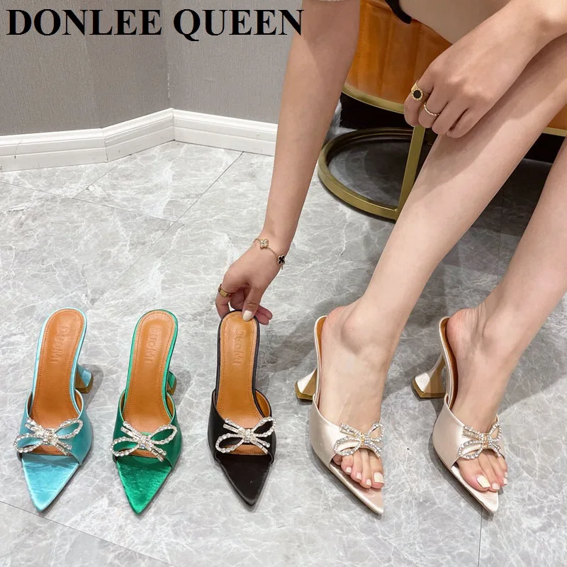 

2022 New Summer Slides Butterfly Knot Pointed Toe Thin High Heels Slippers Sexy Street Women Fashion Mules Dress Party Sandalias