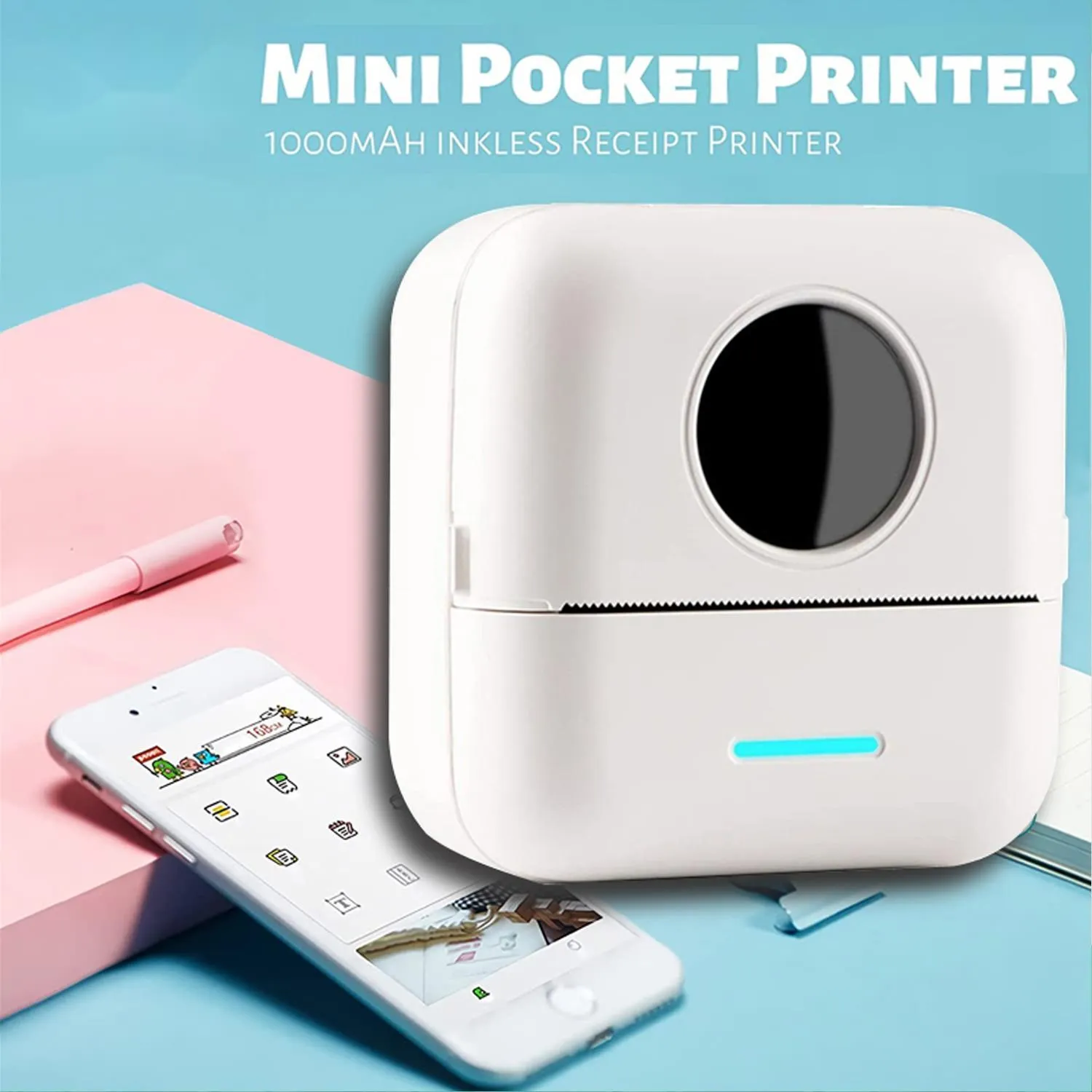 

2023 New Pocket Printer Wireless BT Thermal Printers with 1 Rolls Printing Paper And 1200mAh Battery Portable Inkless Printer