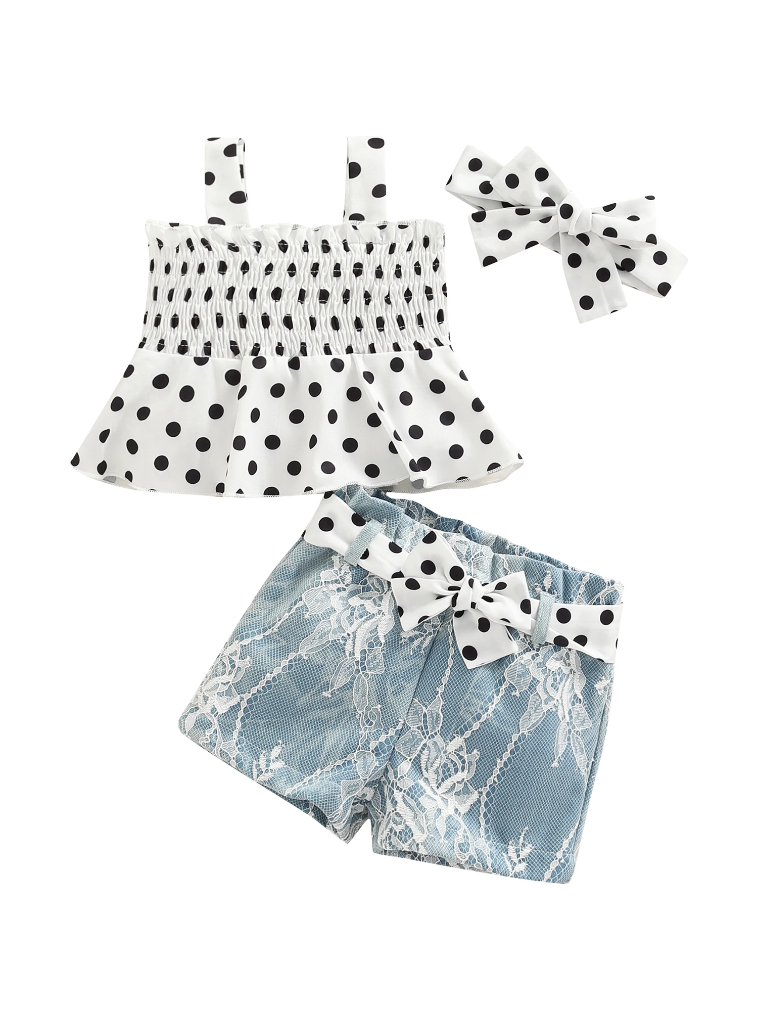 

Txlixc летний костюм для маленьких девочек из четырех предметов белые точечные джинсовые шорты пояс головной убор Детские комплекты