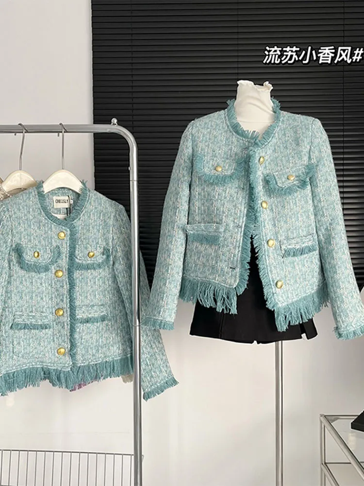 

French Style Tassel Design Tweed Women Jacket Crew-neck Long Sleeve Outer Luxury Gold Single Breasted Lady Vintage Coat 2022 New
