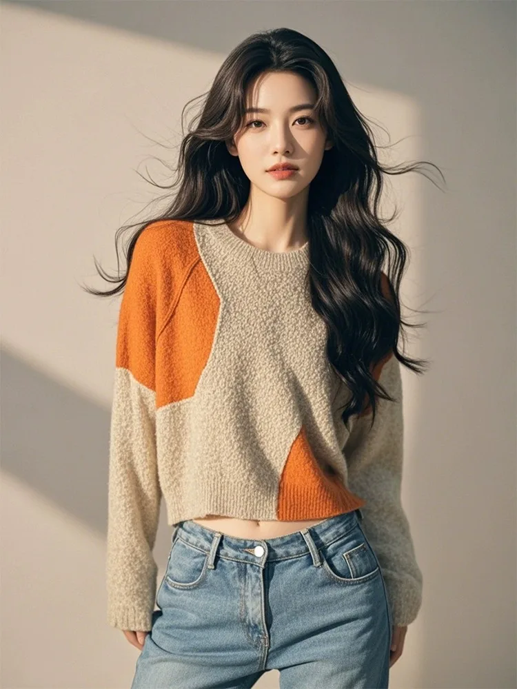 Brown Patchwork Round neck sweater Women 2024 Autumn and Winter New Retro French sle Graceful High Sense Knit Top