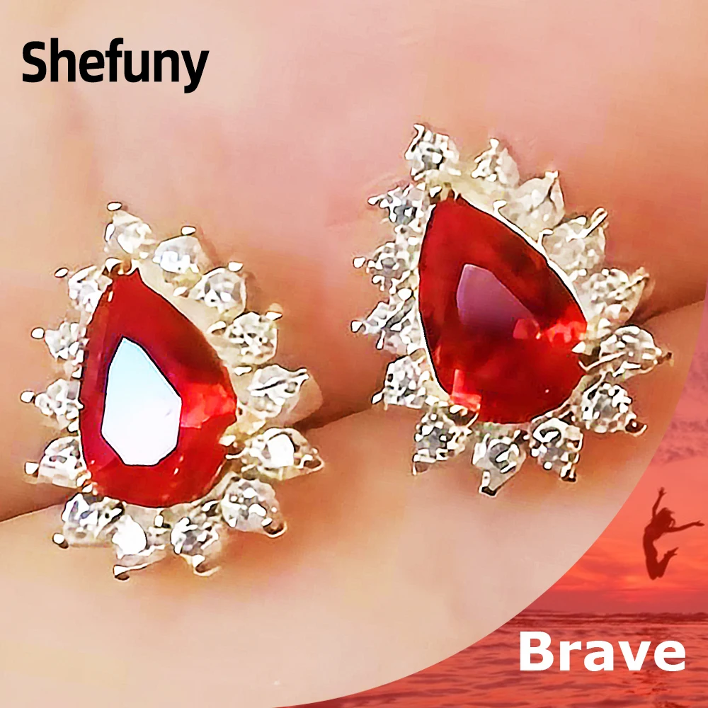 

925 Sterling Silver Luxury Water Drop Shape Stud Earrings Red White Clear Zirconia Earrings For Women Fine Jewelry Birthday Gift