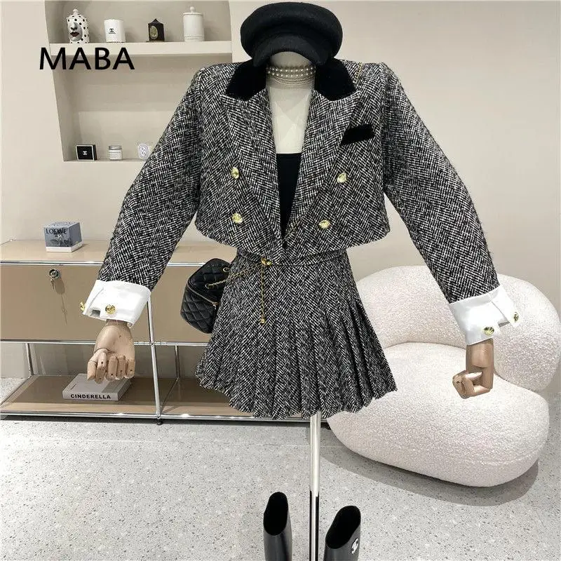 

Korean Preppy Style Skirt Two Piece Set Women Winter Notched Collar Blazer Jacket+pleated Mini A-line Skirt Festival Outfit 2021