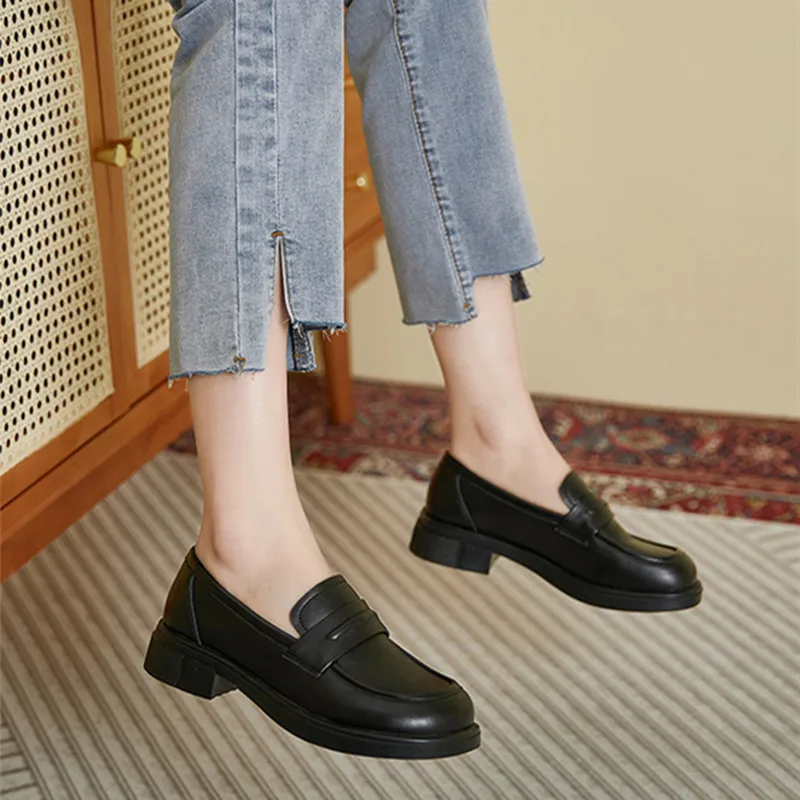Genuine Leather Small Leather Shoes Women's Black Spring 2023 New British Style Versatile Casual Loafers Women's Single Shoes