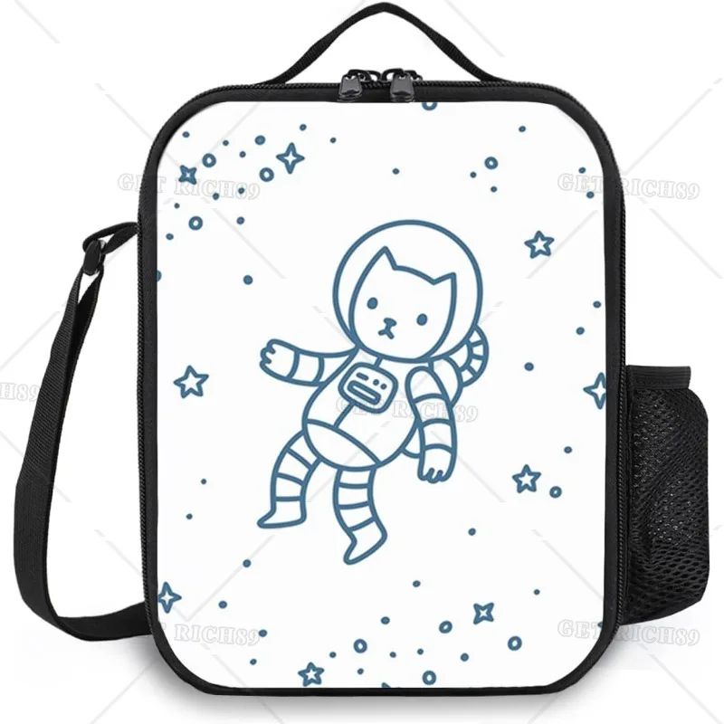 

Cat Reusable Insulated Lunch Bag,Cat Flying in Outer Space,Cooler Tote Box for Men Women Work Picnic or Travel with Pocket