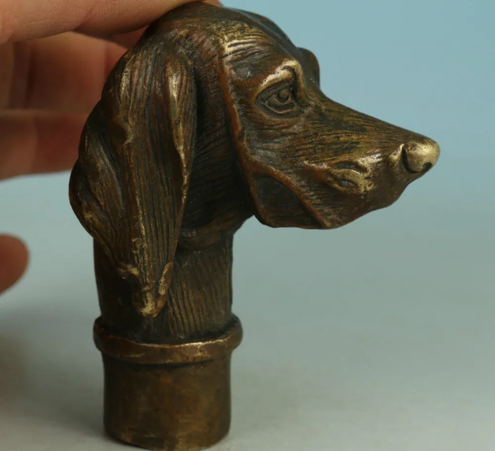 

Copper Brass CHINESE crafts decoration Fierce Chinese Old Bronze Hand Carved Dog Statue Walking Stick Head Collection