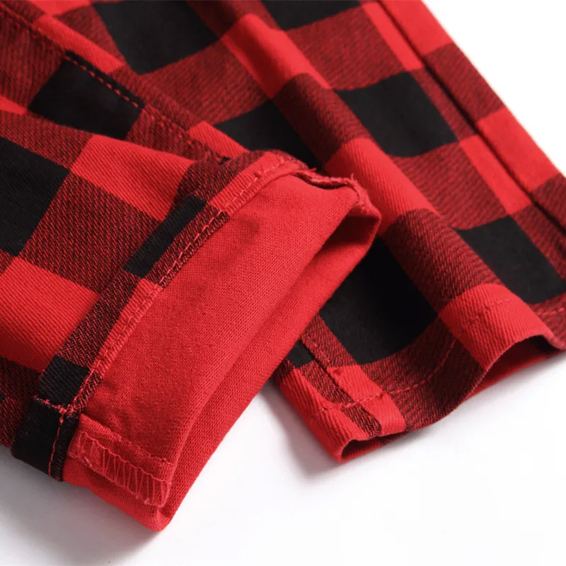 2022 England Style Stylish Red Plaid Men Stretch Slim Jeans Trousers Fashion Patchwork Women Pencil Cotton Casual Pants Pantalon