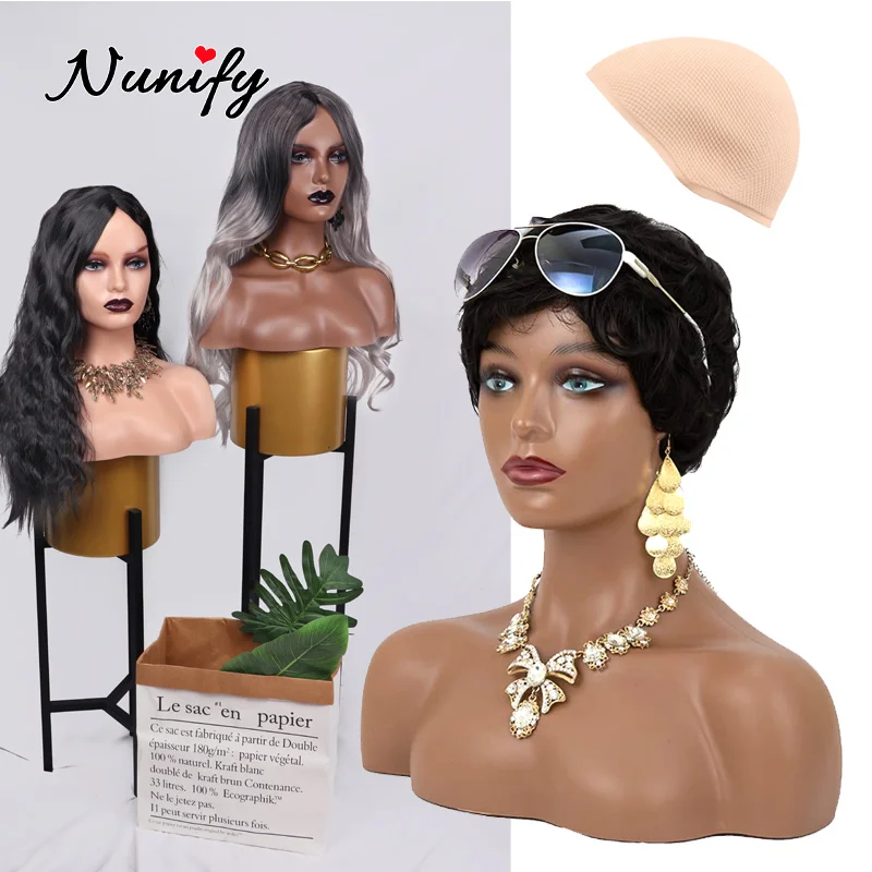 Realistic Female Mannequin Head With Shoulder With Silicone Cap For Display Wig Necklace Earrings Hat Dark Brown Wig Accessories