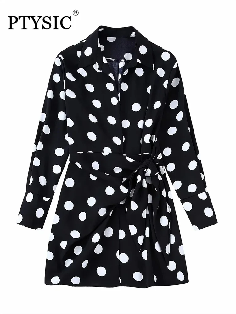 

PTYSIC женское модное черное платье-рубашка в горошек с V-образным вырезом и длинными рукавами с манжетами стильная уличная одежда с запахом и ...