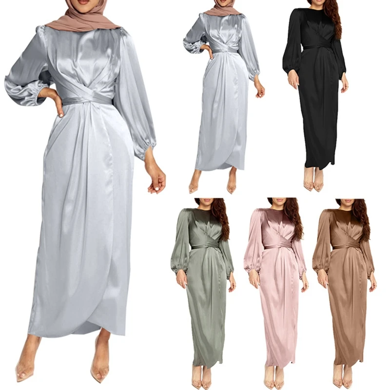 Women Arab Muslim Satin Puff Long Sleeve Maxi Dress Solid Color Wrap Front Self-Tie Abaya Dubai Turkey Hijab Robe Kaftan Dubai