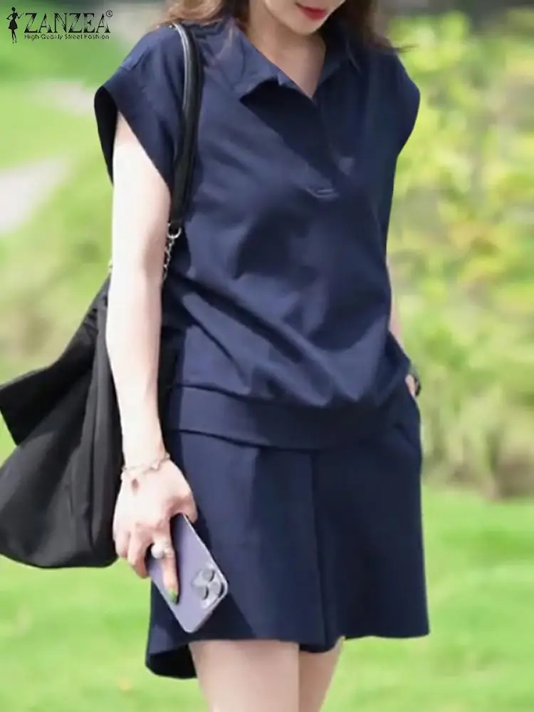 Модные спортивные костюмы 2 шт. блузка с отворотом и коротким рукавом Короткие