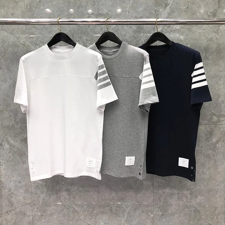 

Fashion Brand TB 2023 THOM T-Shirt Men Slim Short Sleeve Casual Clothing Solid Striped Summer O-neck Cotton Tees