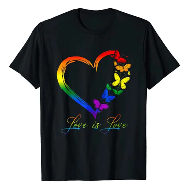 

Butterfly Heart Rainbow Love Is Love LGBT Gay Lesbian Pride T-Shirt Funny LGBTQ Proud Graphic Tee Human Rights Tops Gift Idea