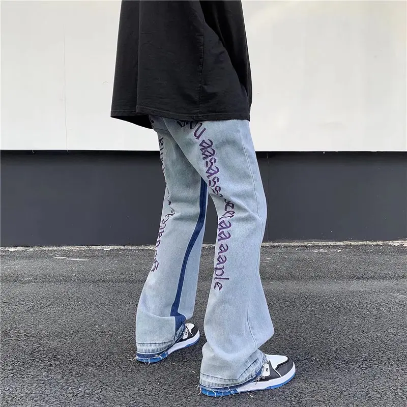 2022 Preppy Style Letter Embroidery Retro Washed Men Baggy Jeans Trousers Hip Hop Wide Vintage Denim Pants New Fashion Pantalon