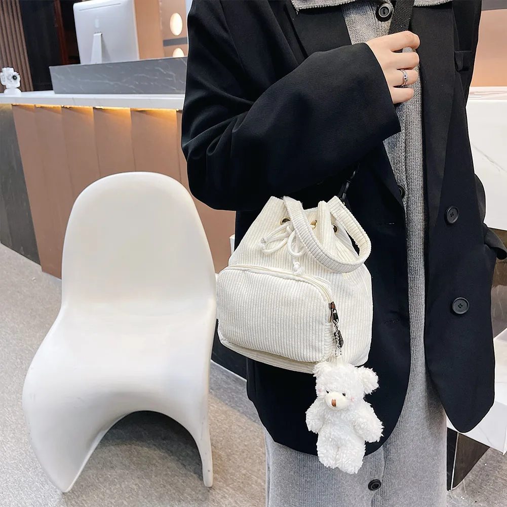 

Women Fashion Flannel Pure Color Bucket Shoulder Bag Drawstring Crossbody Bags Female Casual Small Messenger Bags