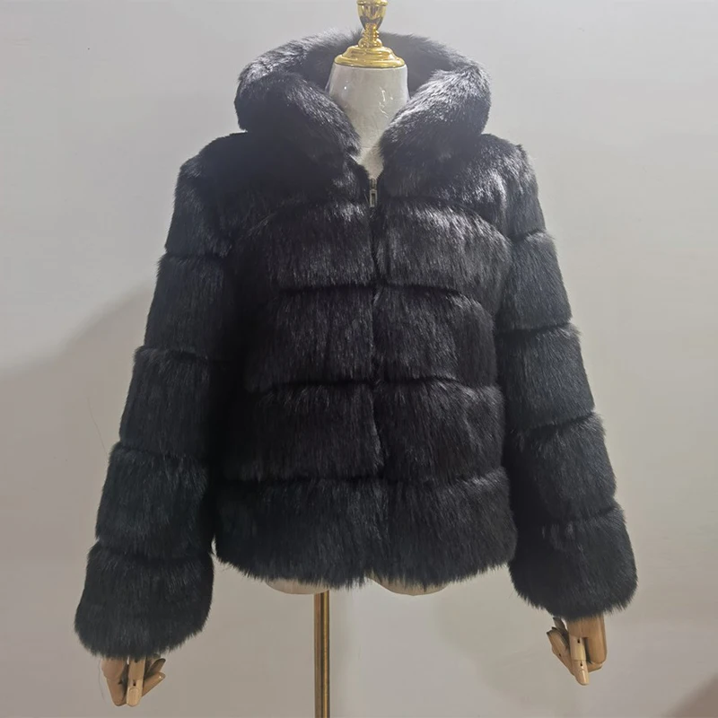 High Quality Furry Silver Fox Faux Fur Coats and Jackets Women Fluffy Coat Hooded Thick Warm Winter Fur Jacket Manteau Femme