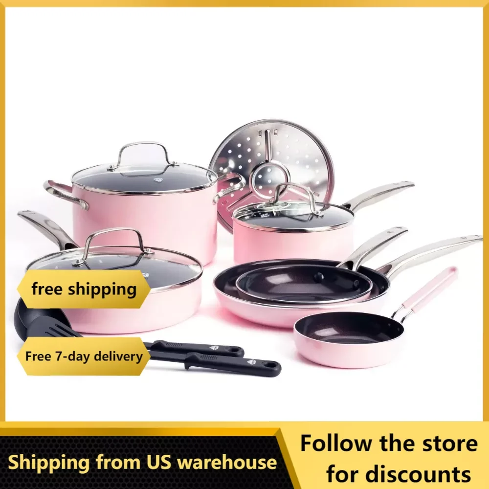 

Toxin-Free Ceramic and Dishwasher Safe 12-Piece Pots and Pans Cookware Set Pink Kitchen Accessories Cooking Pot Pan Sets Kit Bar