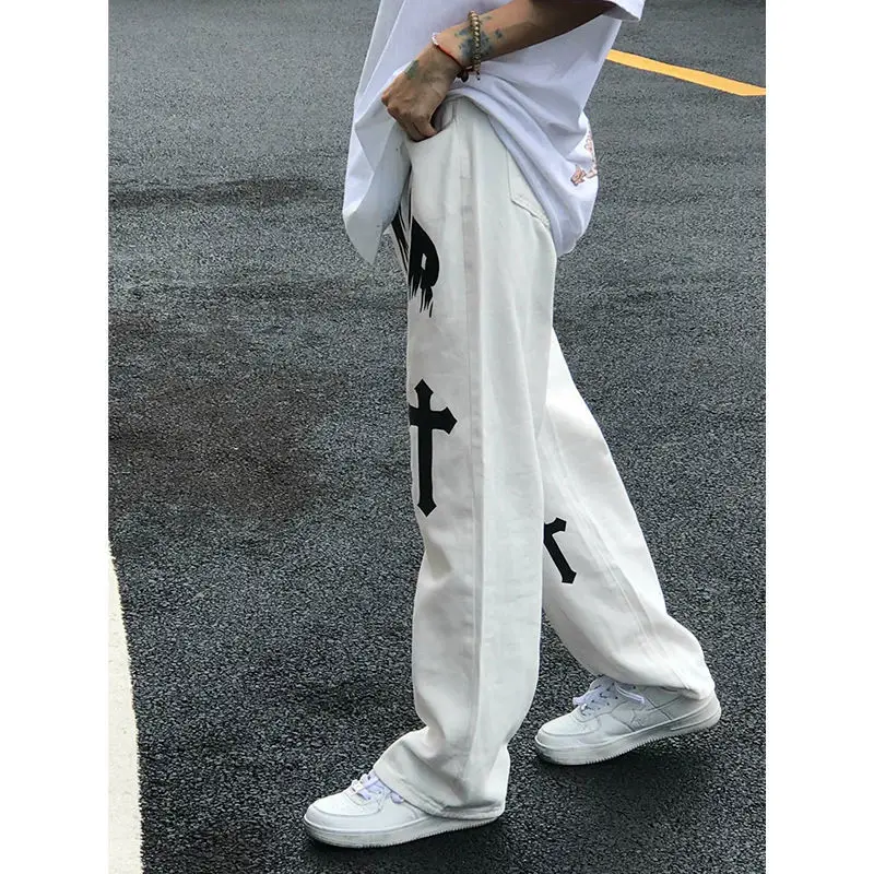 Cross Print Jeans High Street Loose Straight Jean Men and Women Wide Leg Mopping Daddy Pants 2023 Y2k Hip Hop Denim Pant White