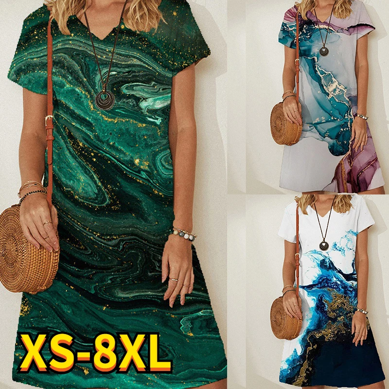 

2022 Summer Women's Abstract Printed Painting Dress V Neck Knee Length 3D Printed Dresses New Design Tops 8XL