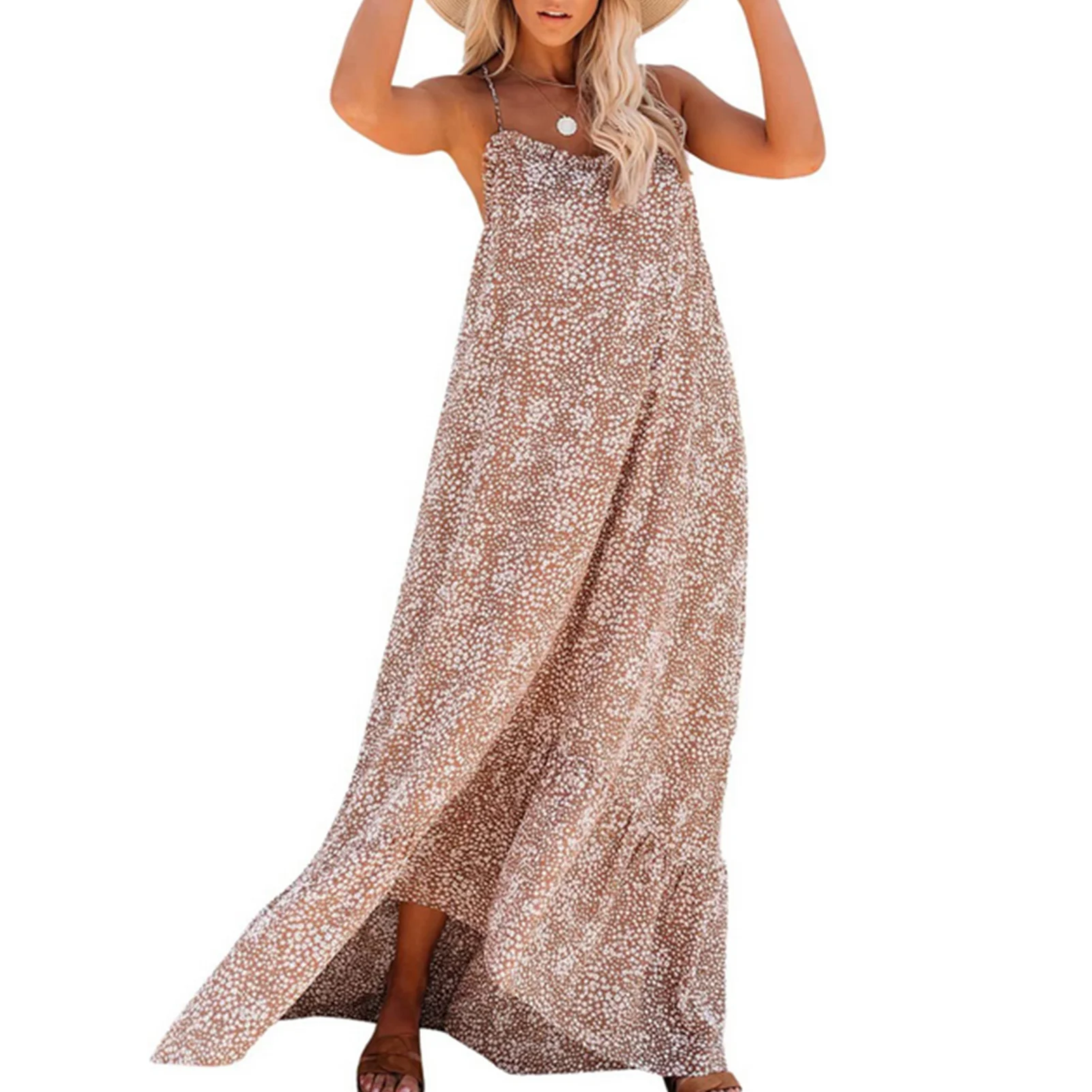 

Женское летнее легкое пляжное платье без рукавов, с высокой талией и принтом листьев