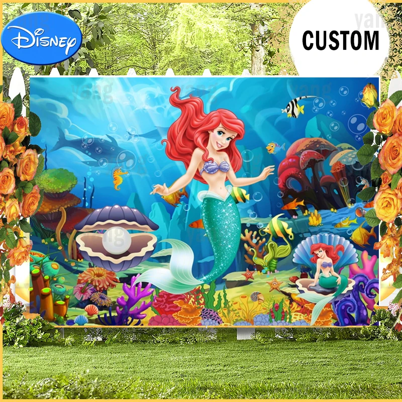 Disney Custom Little Mermaid Ariel Backdrop Princess Girls Happy Birthday Party Baby Shower Undersea Photography Background