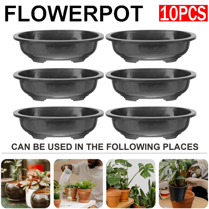 

10pcs Plastic Flowerpots Decorative Gardening Large Bonsai Planting Pots Home Breathable Easy to Grow Bonsai Oval Basin Containe