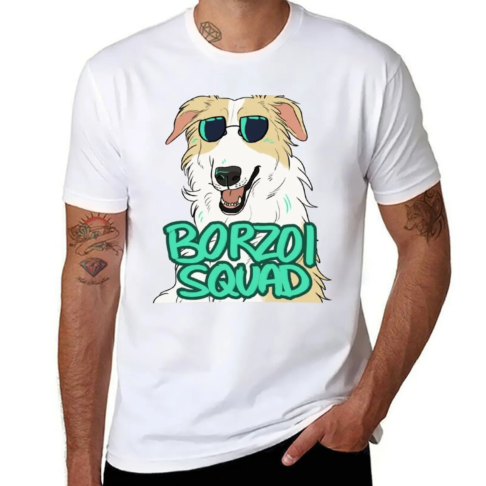 Фото Футболка BORZOI SQUAD (БЕЛАЯ И СЕРЫЙ) из 100% хлопка, забавные футболки, мужская футболка из 100% хлопка №1