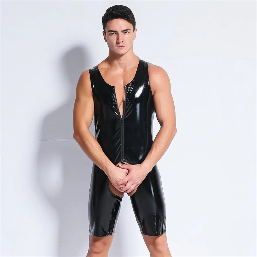 

Men Sexy Shiny PVC Wet Look Latex Bodysuit Gay Fetish Faux Leather Erotic Lingerie Sleeveless Zip Open Crotch Jumpsuit Clubwear