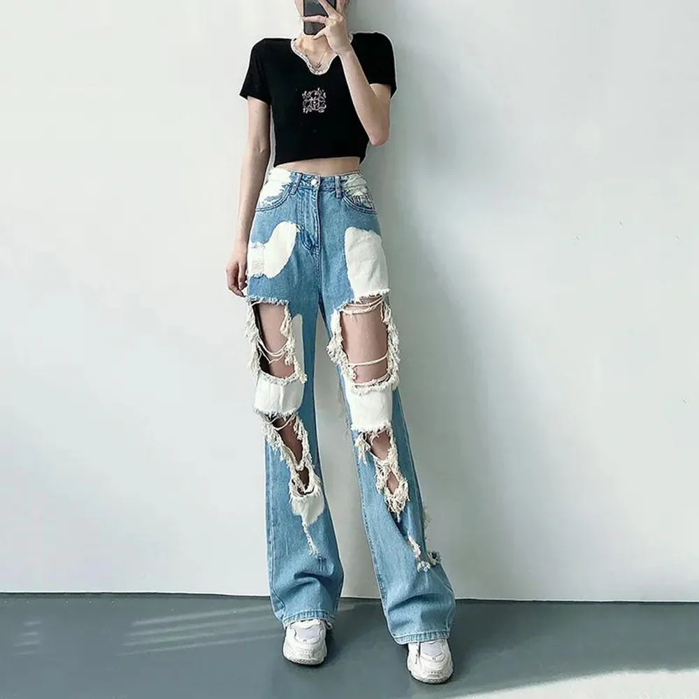

Vintage Ripped Hole Jeans Women Baggy Cut Out High Waist Denim Pants Summer Korean Y2k Streetwear Fashion Straight Jeans