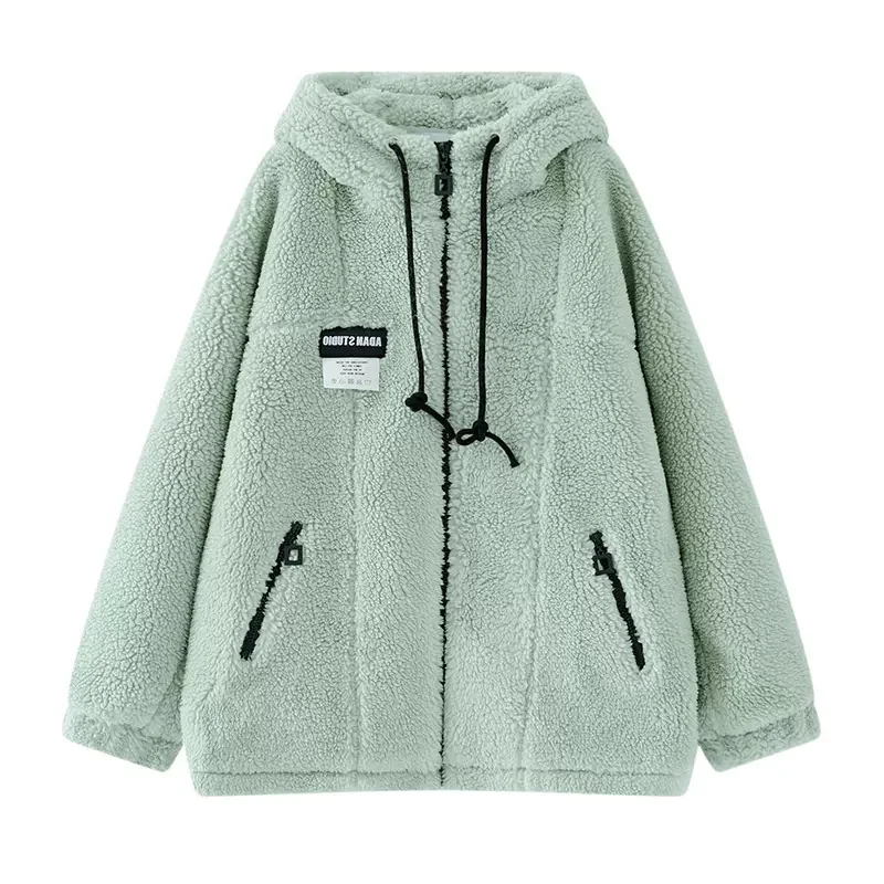 

Mint Green Lamb Plush Coat Women's 2022 Autumn Winter Plus Velvet Thickening Design Sense Niche Hooded Plush Fleece Cotton Coat
