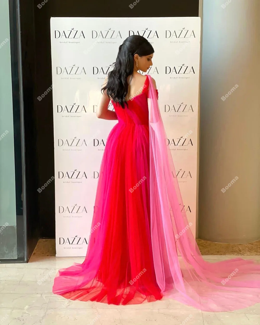 Фото Booma Gradient Pink A Line Пром платья на одно плечо Тюль Формальные вечерние платья для женщин 2023 Платья для вечеринок Дубай №4