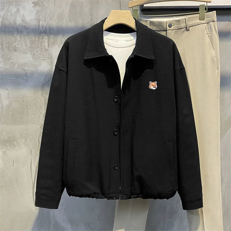

Mens Casual Jacket Fashion Brand Maison Fox Mascot Embroidery Logo Cardigan Street Men Jacket Cotton Trendy Simple Lapel Top