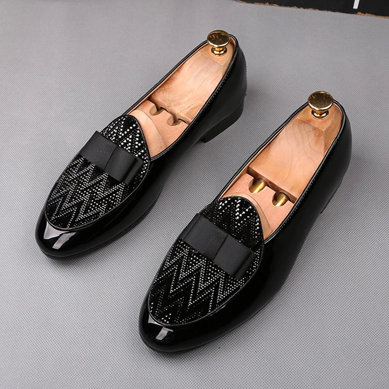 

men's fashion evening prom dress soft leather shoes slip-on driving shoe rhinestone black breathable summer loafers man footwear