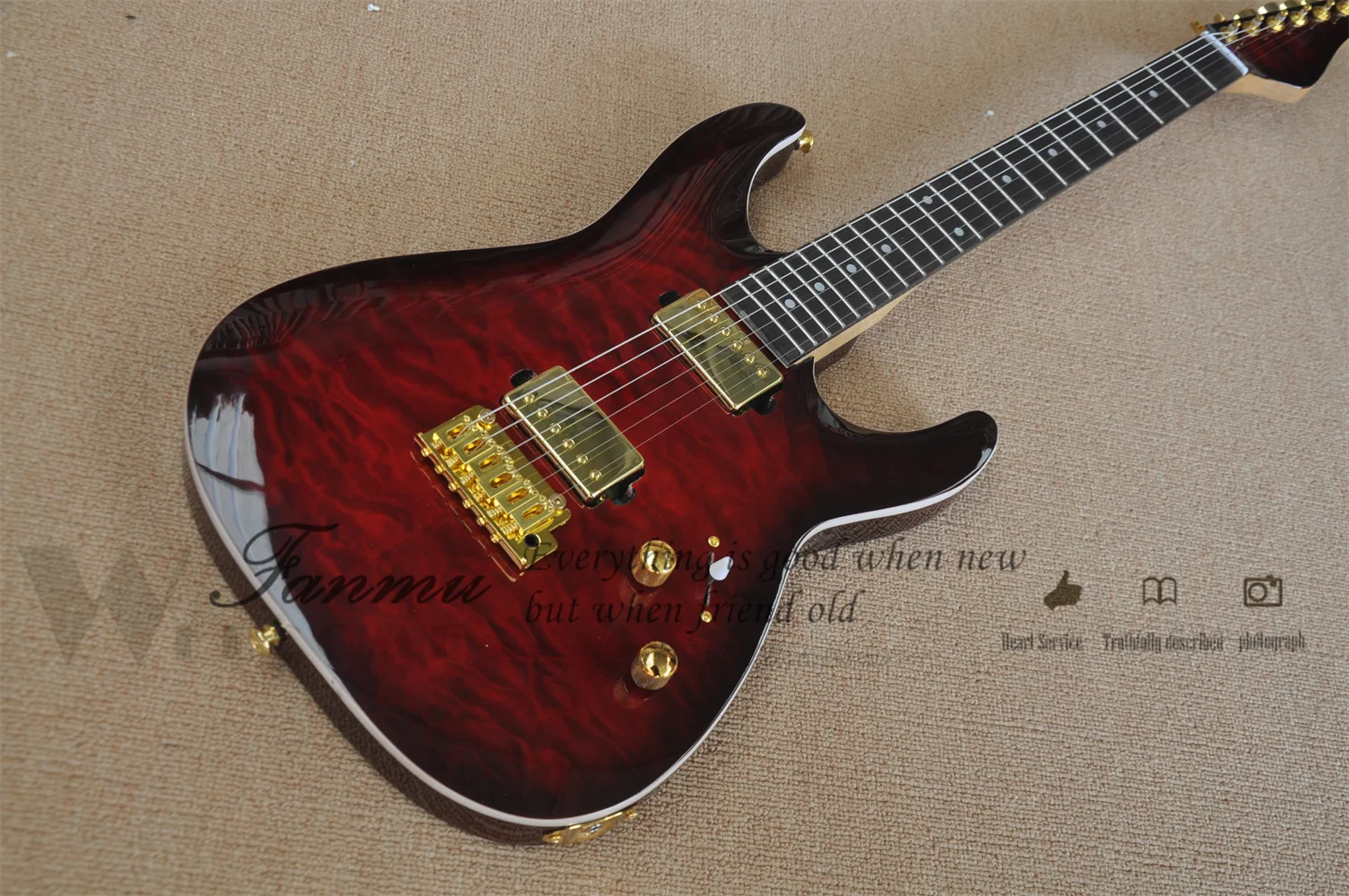 

Custom classic electric guitar, black circle red mahogany body, rose wood fingerboard, cloud veneer, small double swing bridge,
