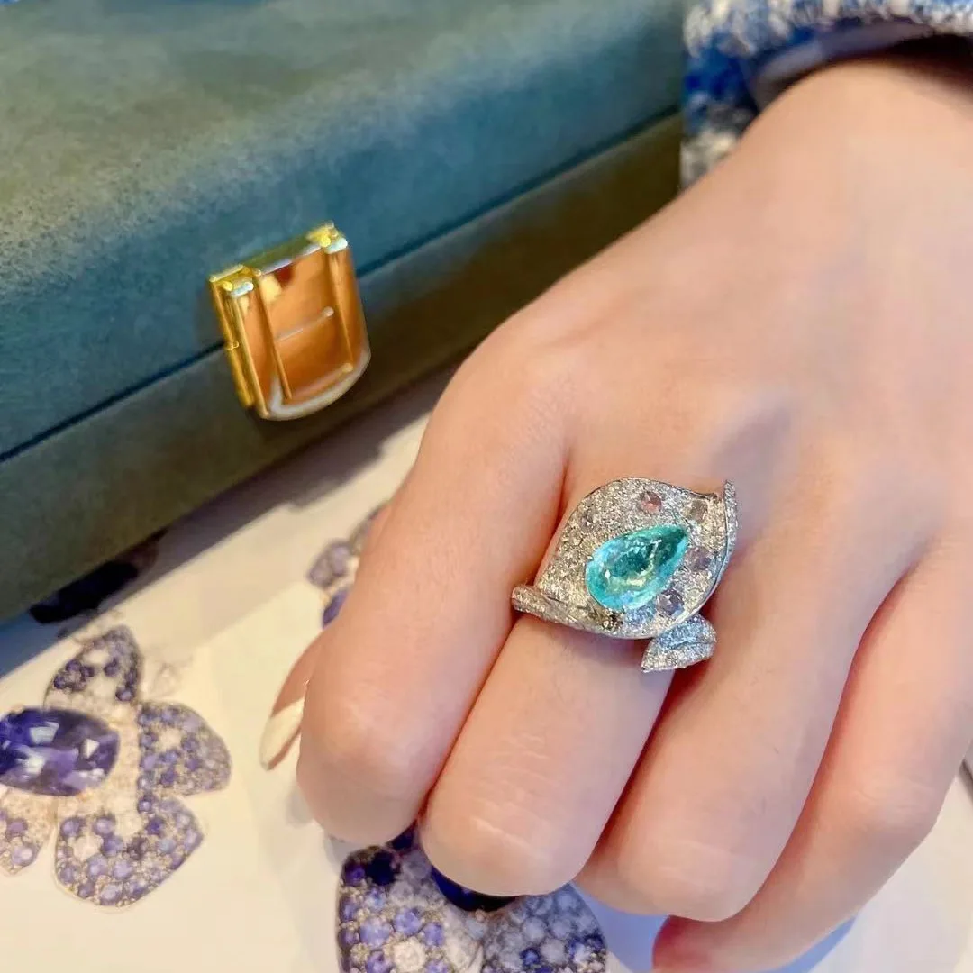 

Brilliant Colorful zircon INS Niche Gem Teardrop-shaped Lily-shaped Ring Women's plant blue finger ring