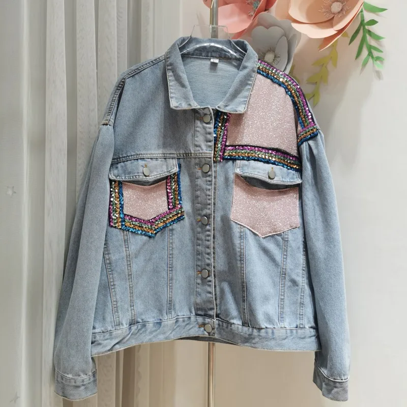 

TEELYNN Fashion Lapel Loose Jeans OutWear for Women Boho Casual Long Sleeve Autumn Coats 2022 Vintage Sequins Denim Jackets