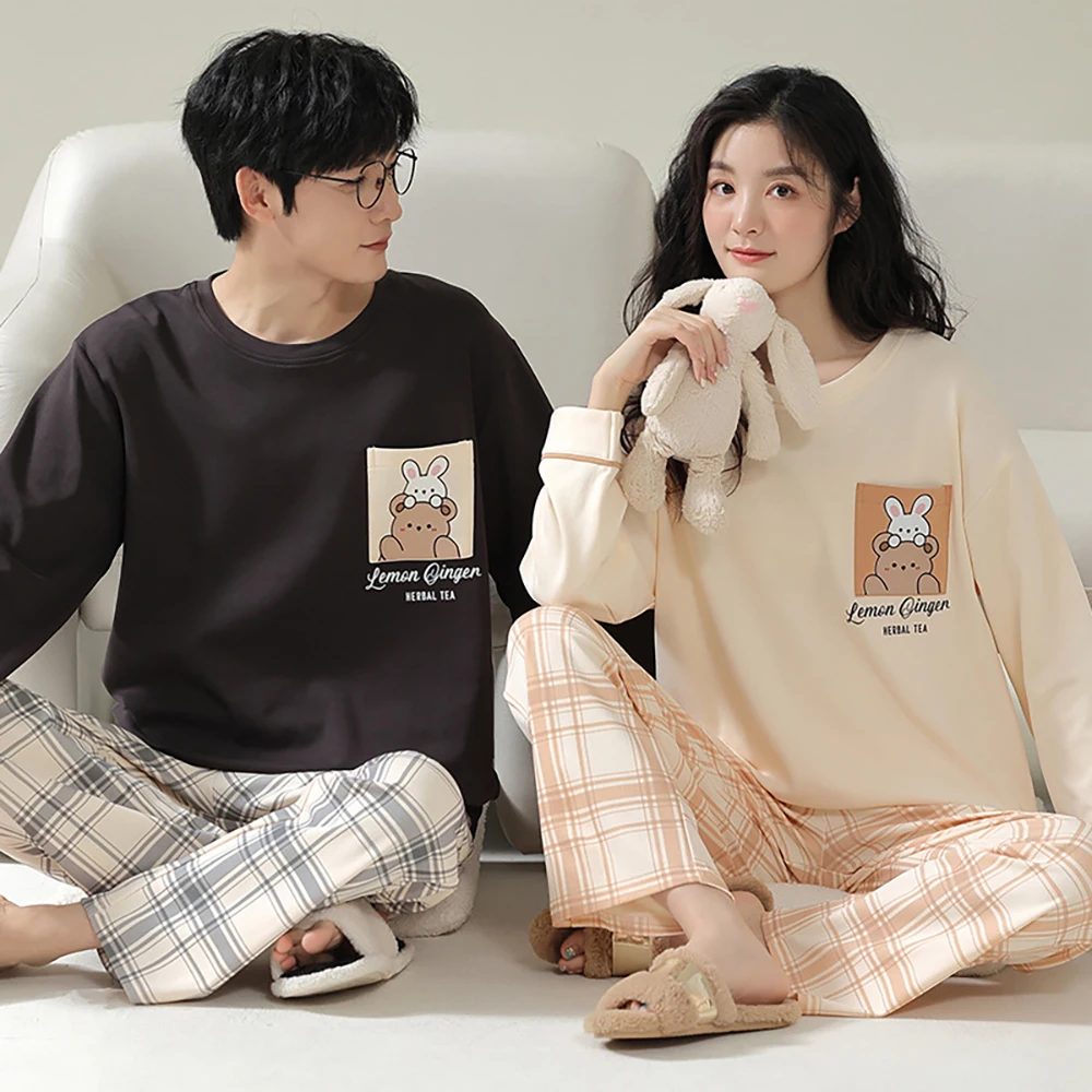 

Spring Autumn Cartoon Cute Women's Cotton Pajamas Set Cozy Soft Pajama Man Couple Plaid Pants Casual Sleepwear Home Clothes Suit