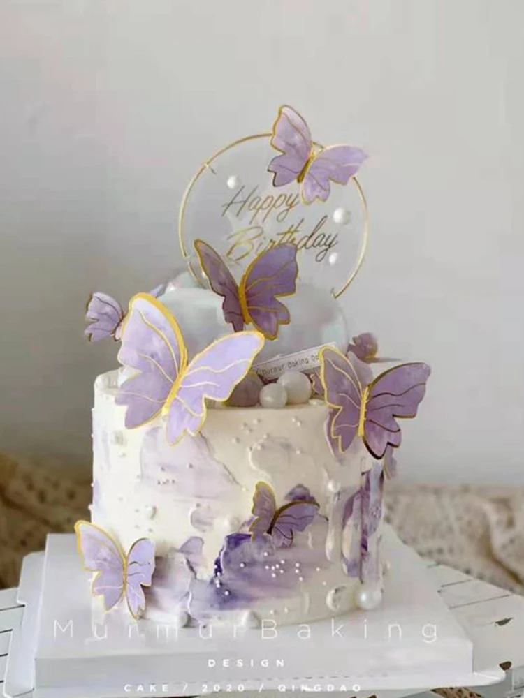 

Happy Birthday Cake Topper Pink Purple Hand Painted Butterfly Cake Topper Birthday Wedding Party Baby Shower Supplies Picks