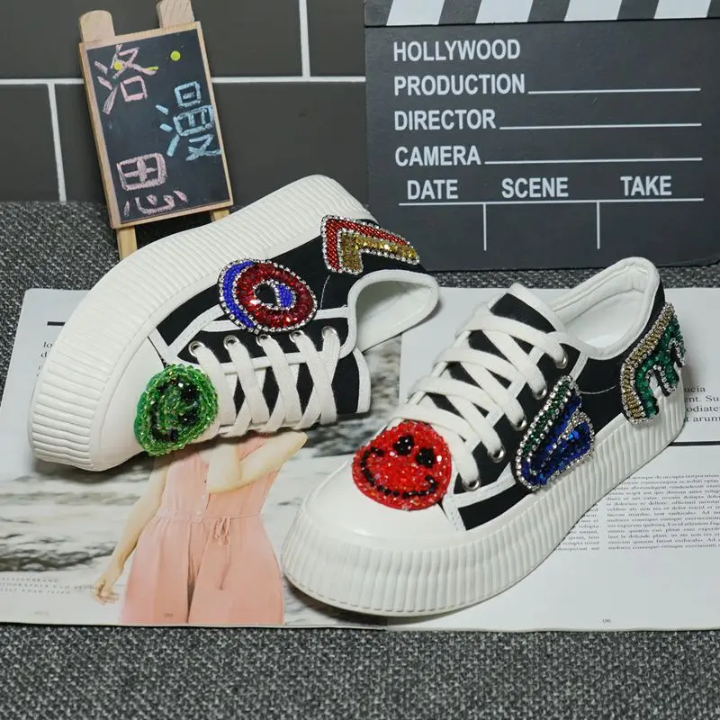 Handmade rhinestone sequined letter canvas sneakers casual street shooting thick bottom biscuit shoes 35-40