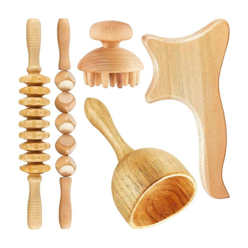 

5Pcs Gua Sha Wood Therapy Massage Tool Lymphatic Drainage Massager Fascia Roller For Full Body Muscle Pain Relief