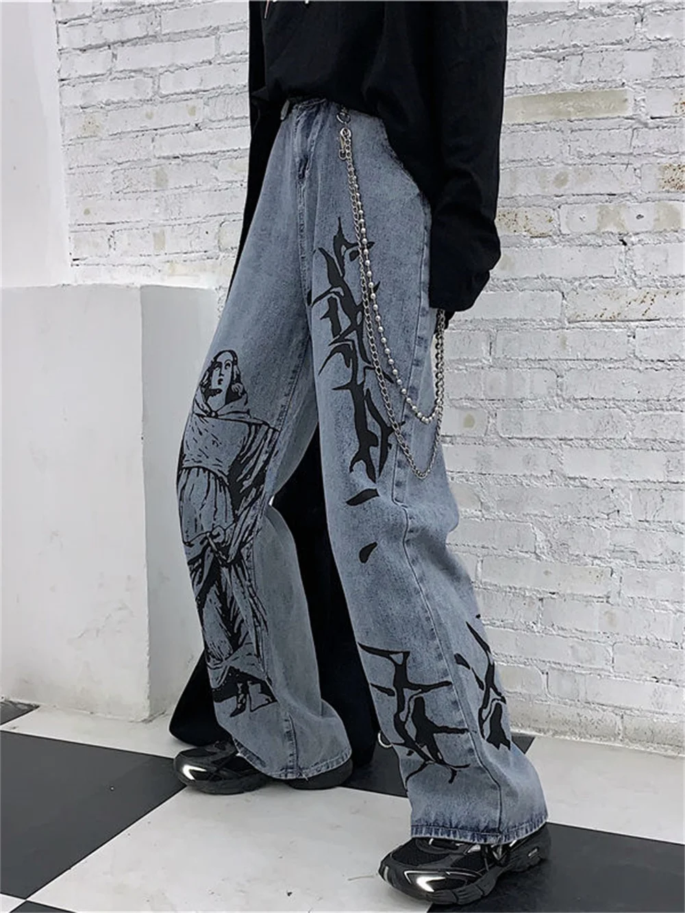 

Punk Graphic Print Blue Jeans Chain Women EmoAlt Clothes Grunge Fairy Wide Leg Denim Aesthetic Pants Harajuku Hippie Cyber Pants