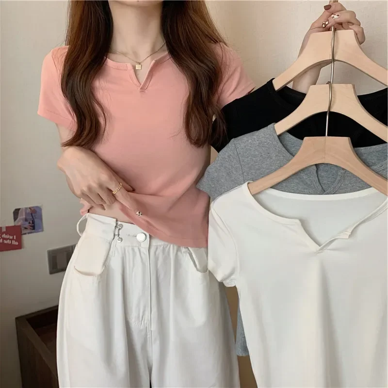 

t-shirt V Neck all-match pink black Crop Top Women Summer Casual T Shirt Basic Streetwear young gril Short Sleeve short Tops