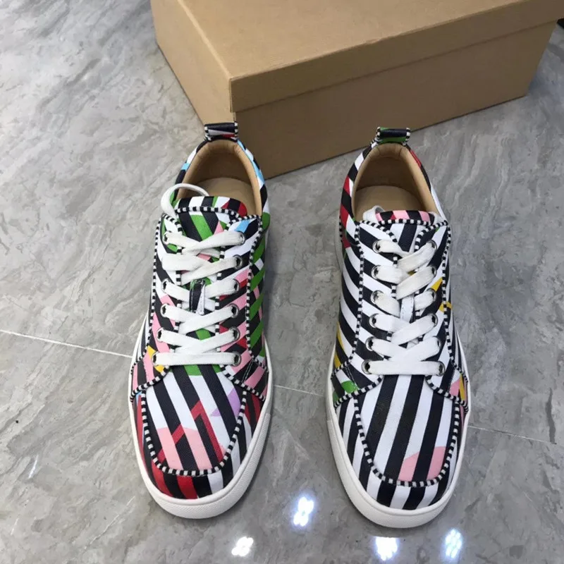 

Luxury brand Men's sneakers Striped Lace-Up Cow Leather Casual Shoes Man Fashion Trend Trainers Cool Red bottom shoes for men