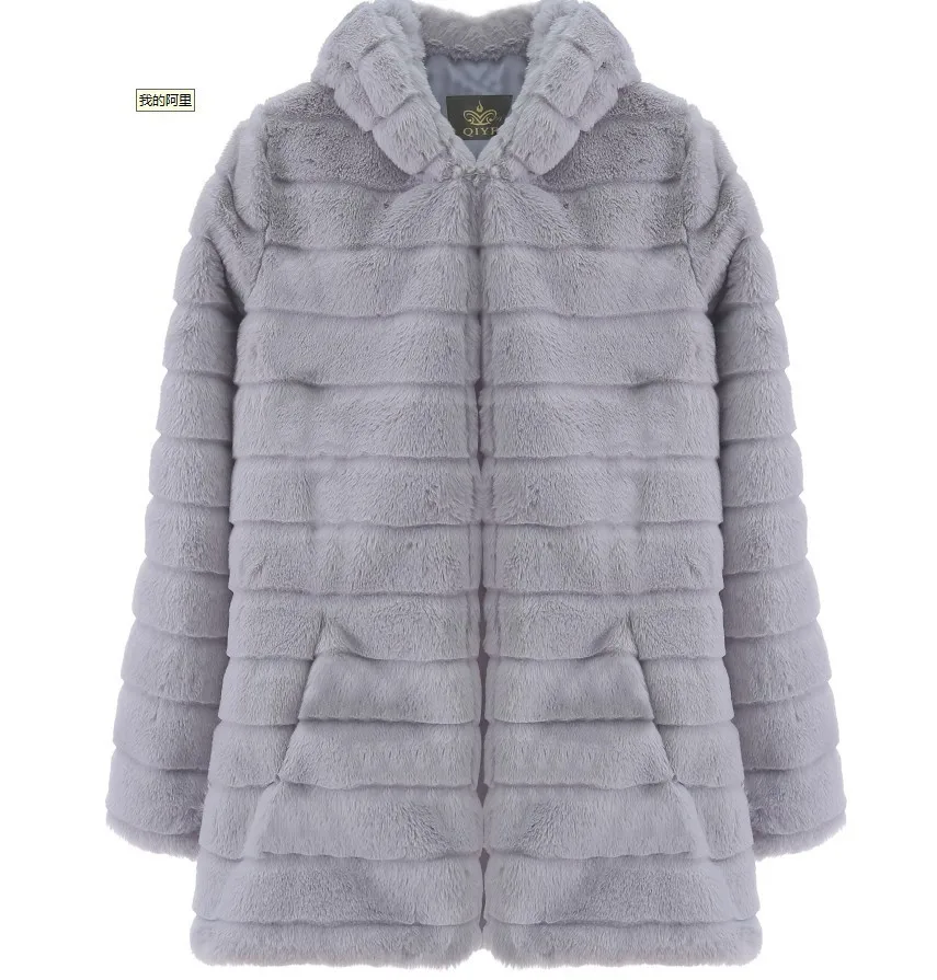 Autumn  winter long fox fur faux fur coat women's medium long Korean fashion fitted hooded warm coat pure color long jacket