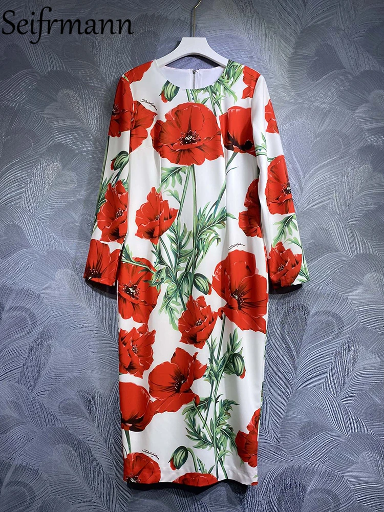 Seifrmann High Quality Spring Women Fashion Runway Pencil Dress Long Sleeve Safflower Flower Printed Elegant Slim Midi Dresses