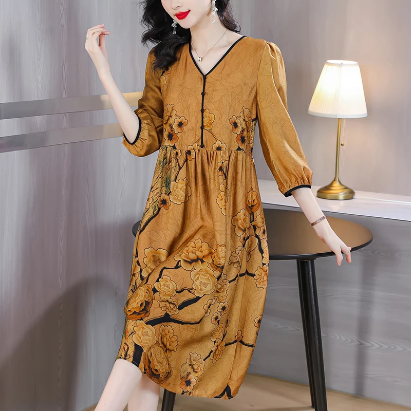 

Женское шелковое платье с цветочным принтом, желтое длинное свободное приталенное платье с рукавами-пузырями, V-образным вырезом, в богемно...