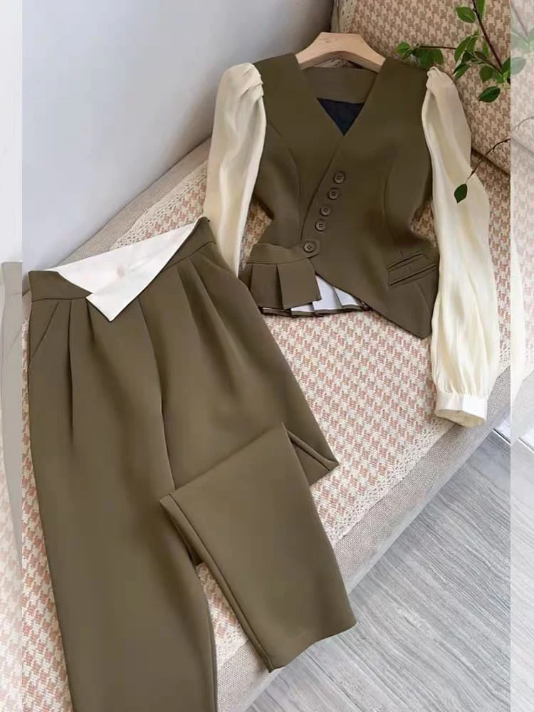 N GIRLS Women's Autumn British Style Trousers Suit V-neck Irregular Short Small Blazer and Wide Leg Two Office Ladies Piece Set
