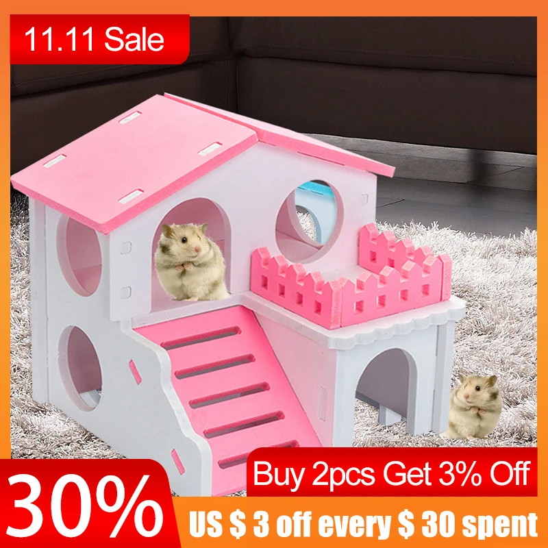 

Wooden Hamster Nest Hideout Toy House with Staircase Double Layer Pets Log Hut Rat Mouse Nest House Toy Pet Supply